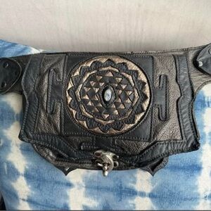 Black Leather Belt Bag with Intricate Design
